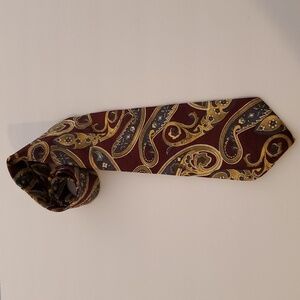 Boston Traders Neckwear Maroon Backround with Gold, Teal, White Paisley Design